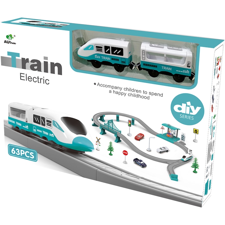 Релси за електрически влак със светлини и звуци M-Toys City Rail, С аксесоари, 63 части, Зелен
