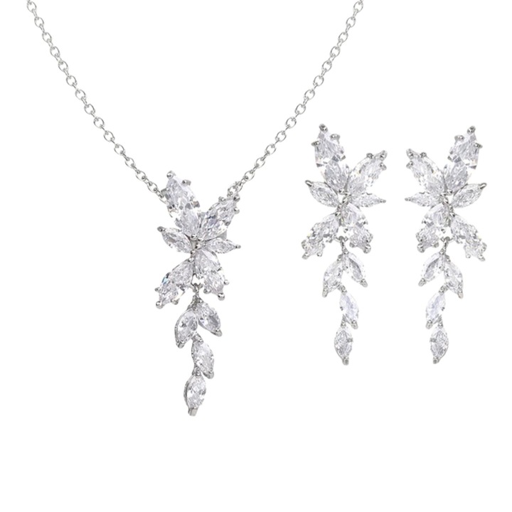 Set bijuterii Nova (cercei si lantisor cu pandantiv) placat cu aur alb, cu cristale de Zirconiu, in forma de frunzulite, Madamme Bijoux