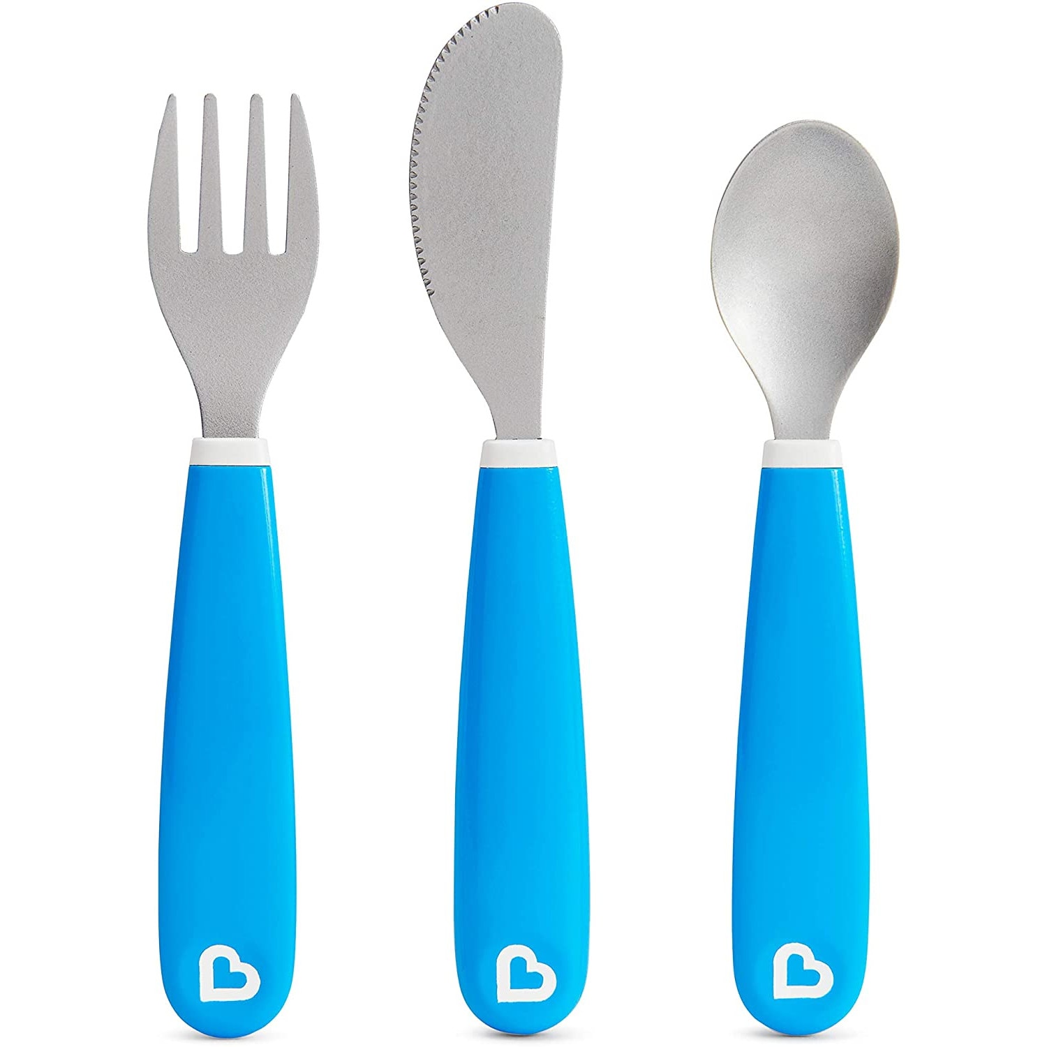 Set 3 Tacamuri din Inox, Pentru Copii, Munchkin, cu Manere Ergonomice, Varfuri Rotunjite, Compatibil cu Masina de Spalat Vase, Albastru