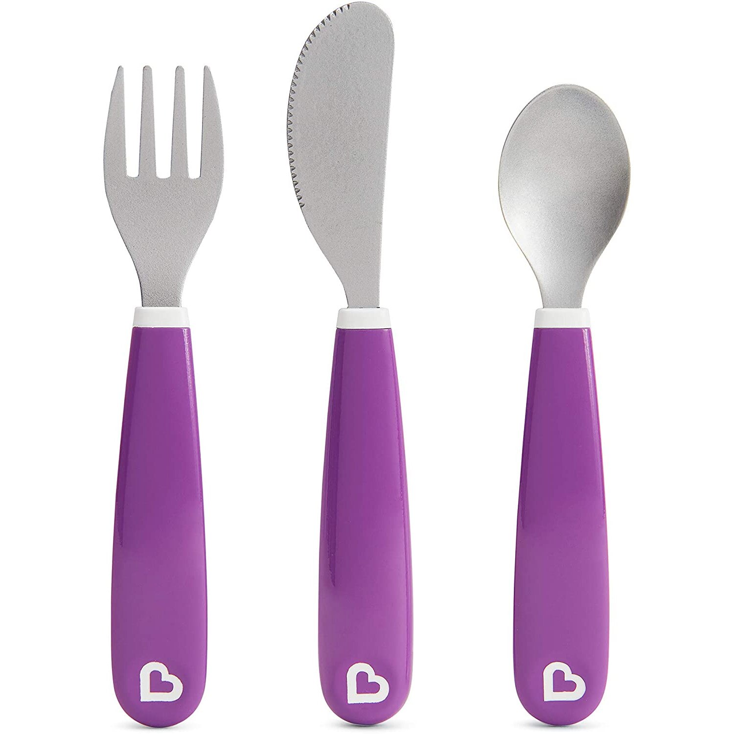 Set 3 Tacamuri din Inox, Pentru Copii, Munchkin, cu Manere Ergonomice, Varfuri Rotunjite, Compatibil cu Masina de Spalat Vase, Mov