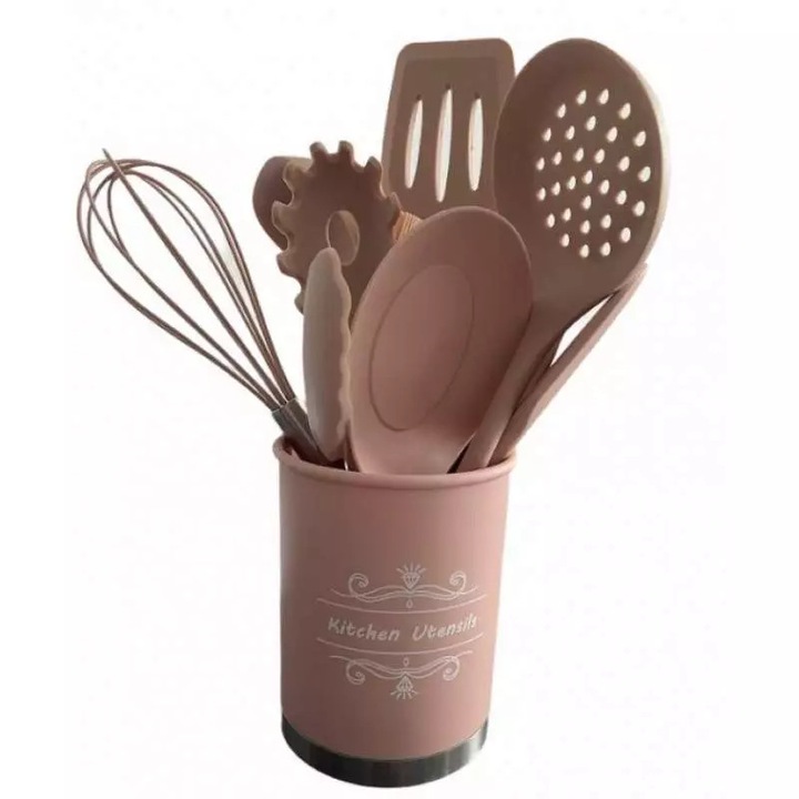 Set ustensile SIKS® de bucatarie, 11 piese, silicon, roz pudra