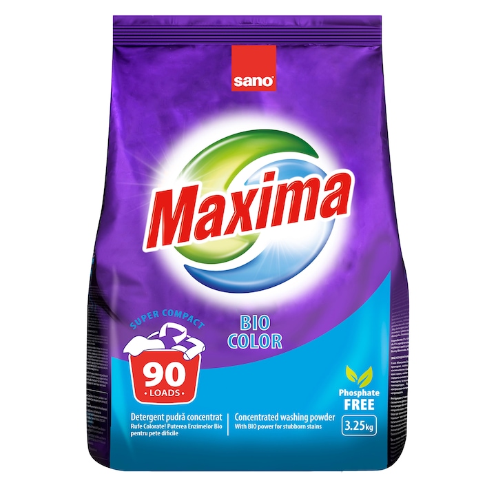 Концентриран прах за пране Sano Maxima Biocolor, без фосфати, 3.25 кг