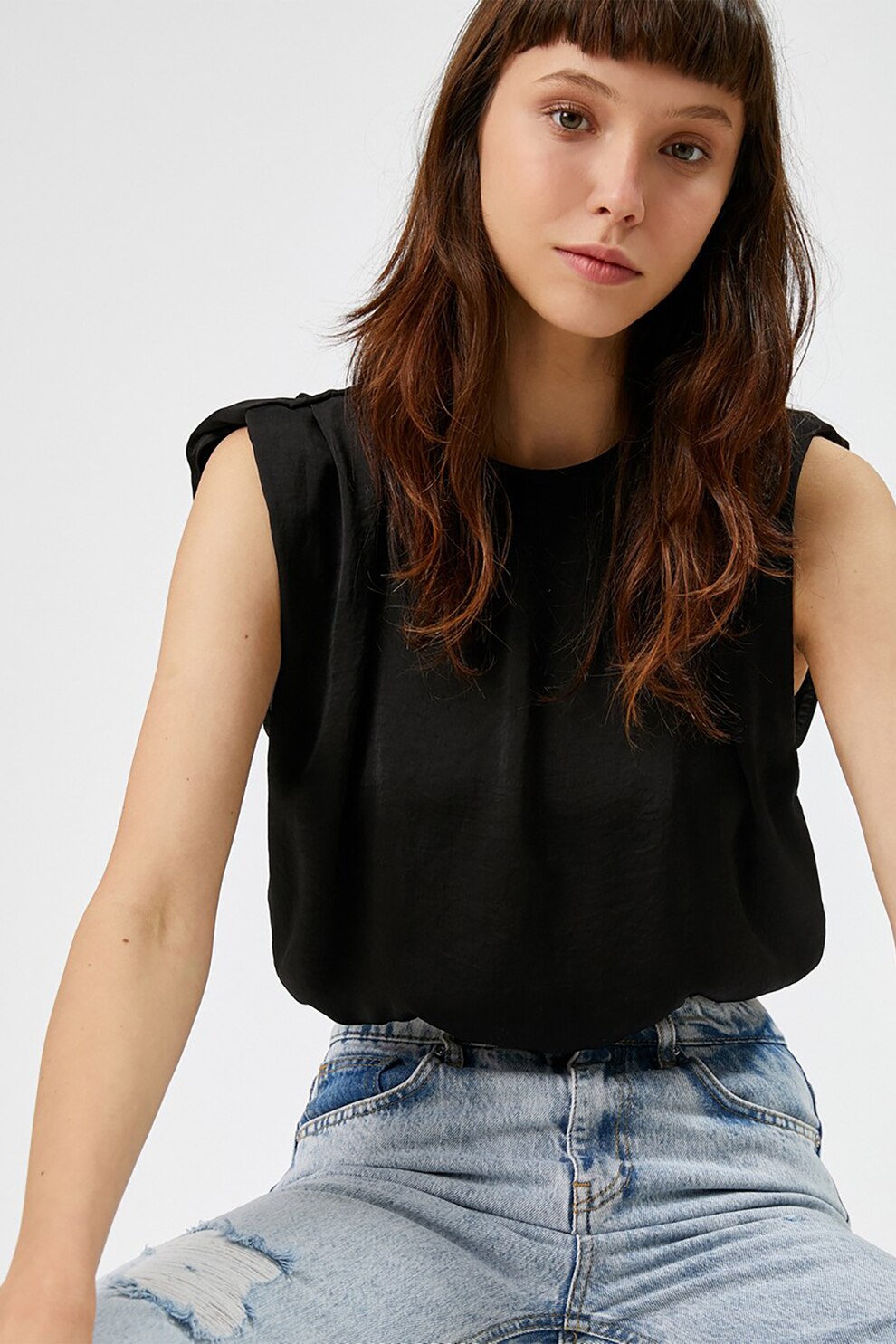 KOTON, Bluza crop din satin fara maneci, Negru