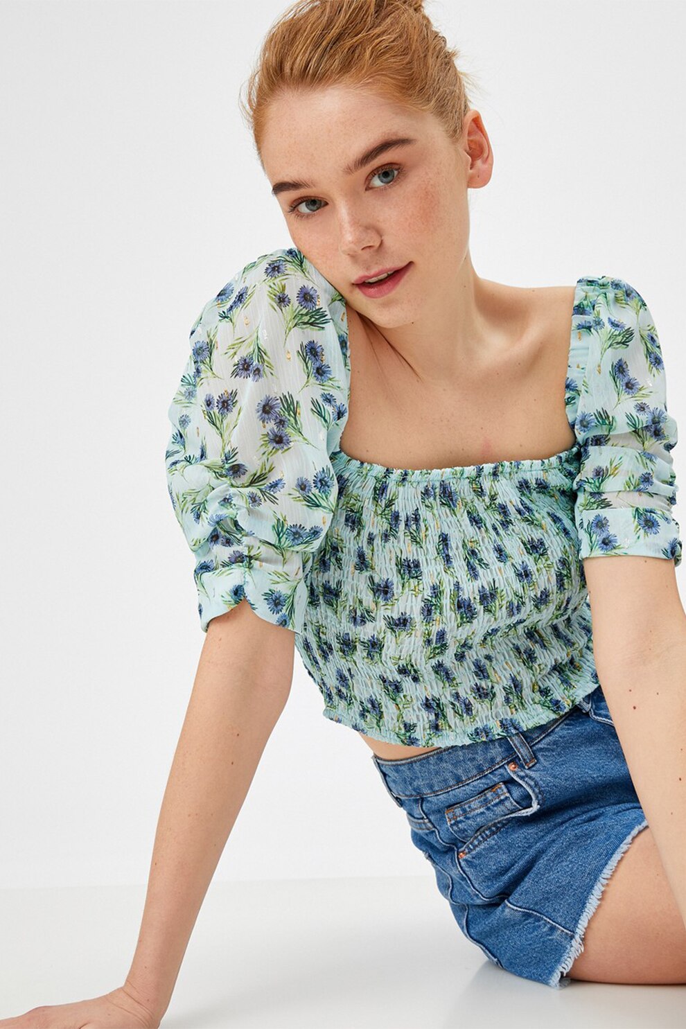 KOTON, Bluza crop cu maneci bufante, Albastru azur/verde