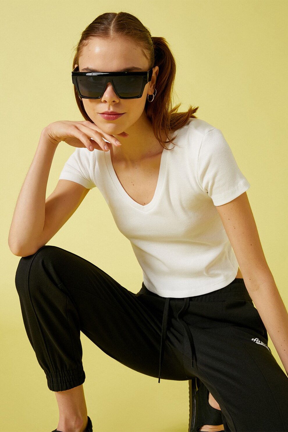 KOTON, Tricou crop de jerseu cu striatii, Alb