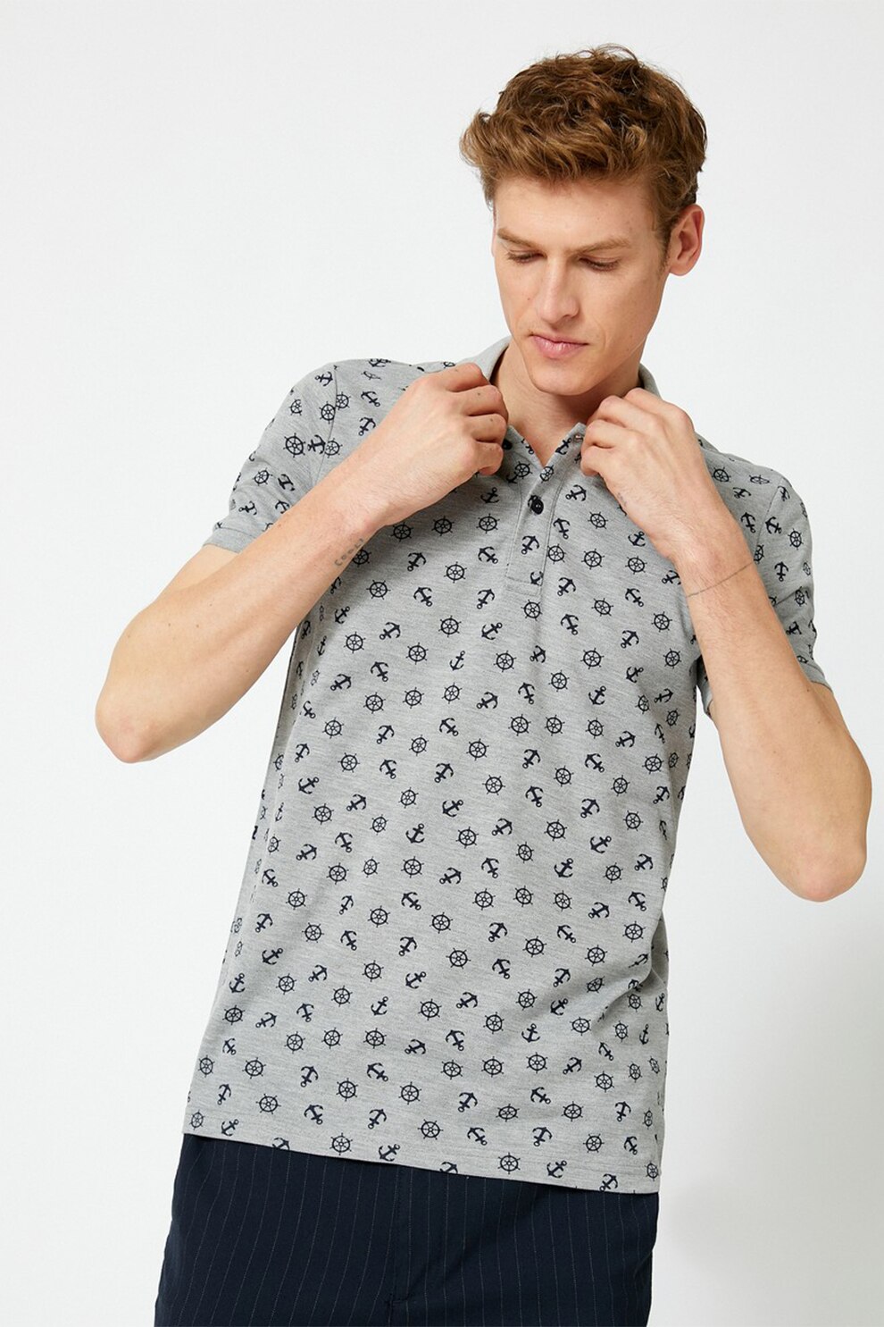 KOTON, Tricou polo cu model marin, Gri/Bleumarin, S