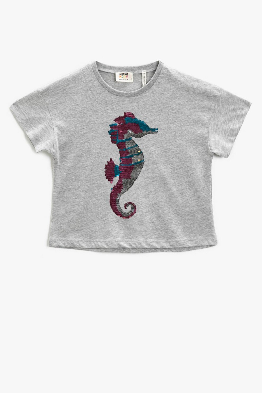 KOTON, Tricou cu decolteu la baza gatului si aplicatii cu paiete, Gri melange/Verde