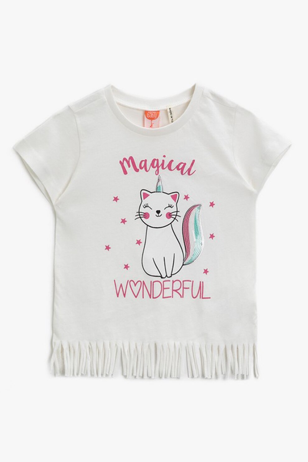 KOTON, Tricou cu imprimeu si franjuri, Alb prafuit, 68-74 CM