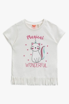 KOTON, Tricou cu imprimeu si franjuri, Alb prafuit, 68-74 CM KOTON, Tricou cu imprimeu si franjuri, Alb prafuit, 68-74 CM