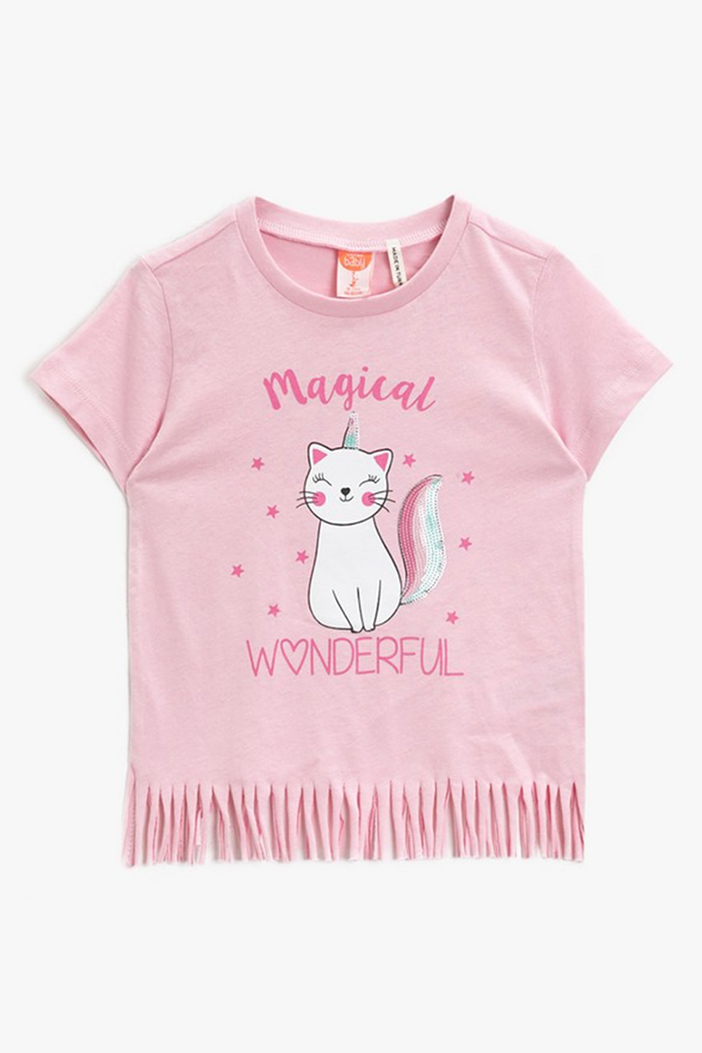 KOTON, Tricou cu imprimeu si franjuri, Roz pastel, 68-74 CM