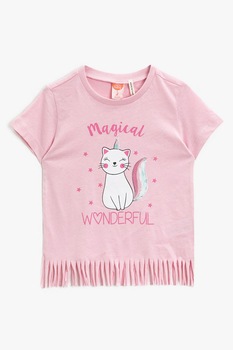 KOTON, Tricou cu imprimeu si franjuri, Roz pastel, 68-74 CM KOTON, Tricou cu imprimeu si franjuri, Roz pastel, 68-74 CM