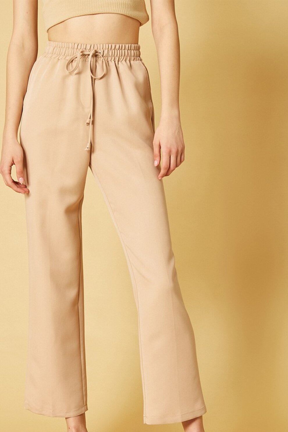 KOTON, Pantaloni din amestec de modal cu talie inalta si snur, Maro nisip