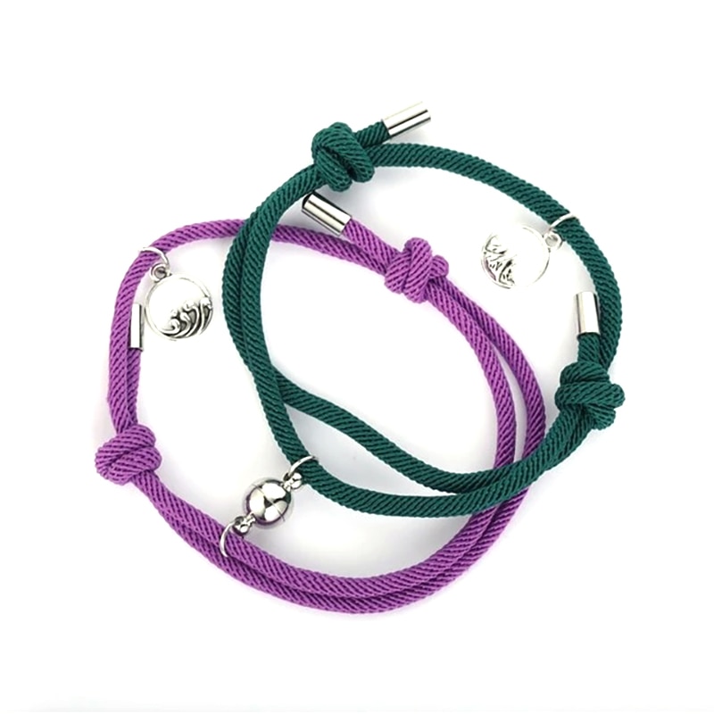 Set bratari cuplu cu magnet, tip sfoara, verde inchis si mov, RRI 2 buc