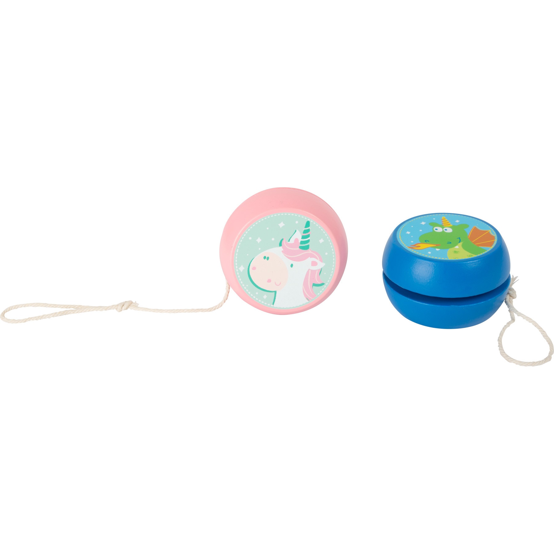 Set 2 yoyo din lemn, albastru si roz, dragon si unicorn, 3 ani+
