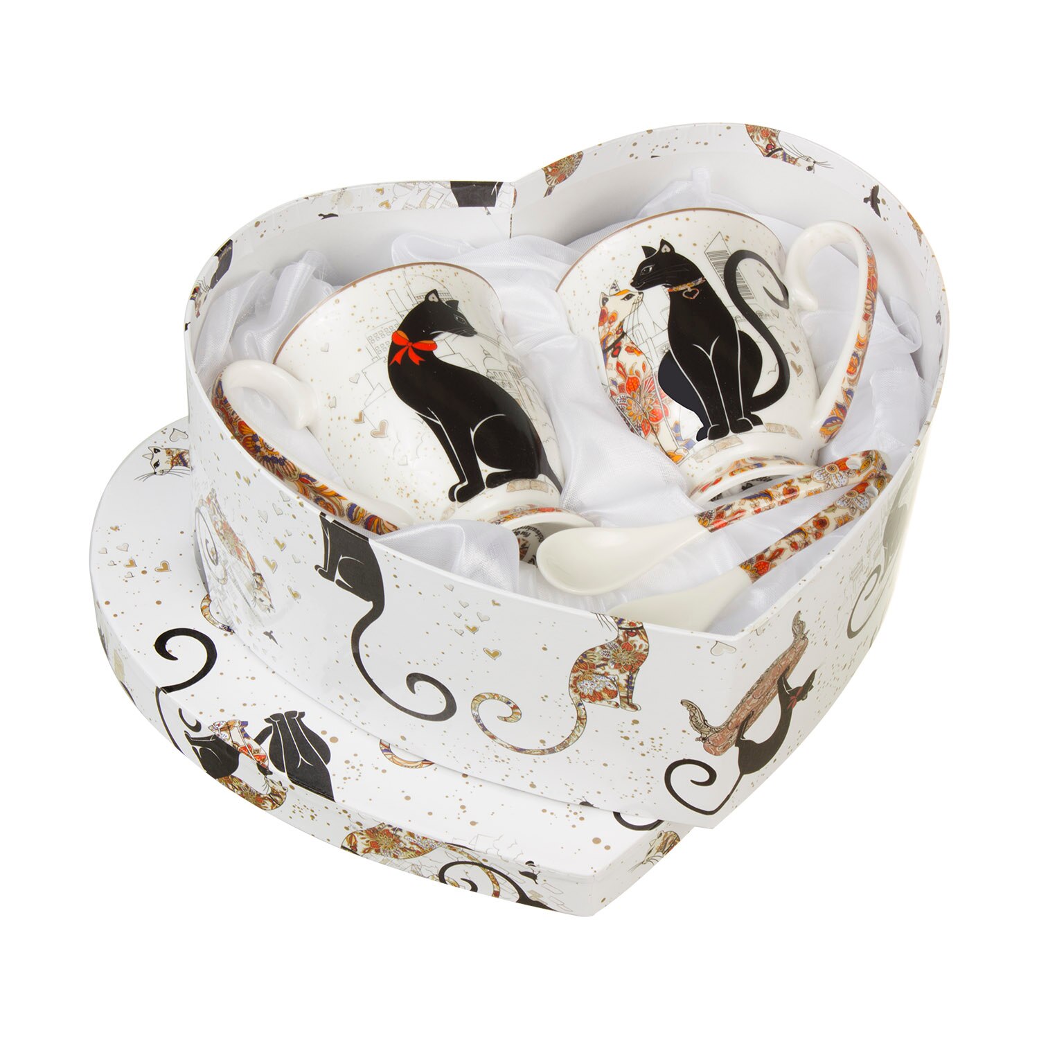 Set 2 cani cu 2 lingurite si cutie decorativa, 12.5 x 10 cm, 300 ml, alb-multicolor