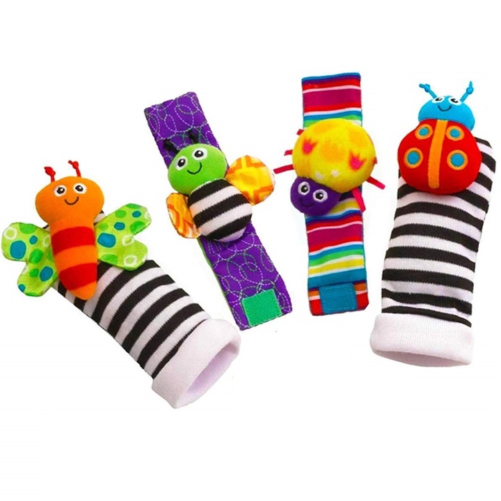 Комплект гривни и чорапи за бебета, Във формата на сладки животни, 100% безопасни за дъвчене, Идеални за координация ръце-очи-крака, Текстил, 0-24 месеца
