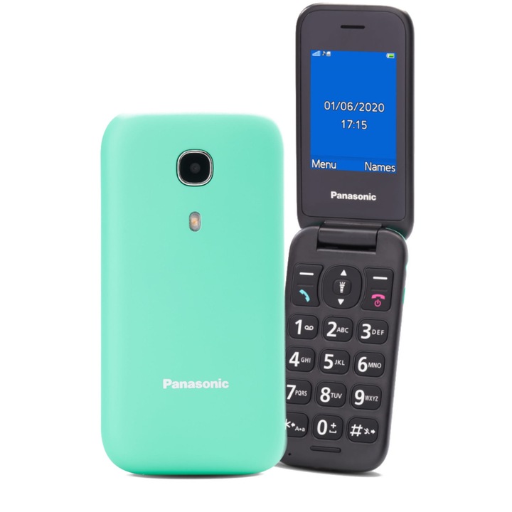 Мобилен телефон Panasonic GSM KX-TU400EXC, Подходящ за възрастни хора, Single SIM, 2 G технология, 1 Gb Ram памет, SOS бутон, Зелен