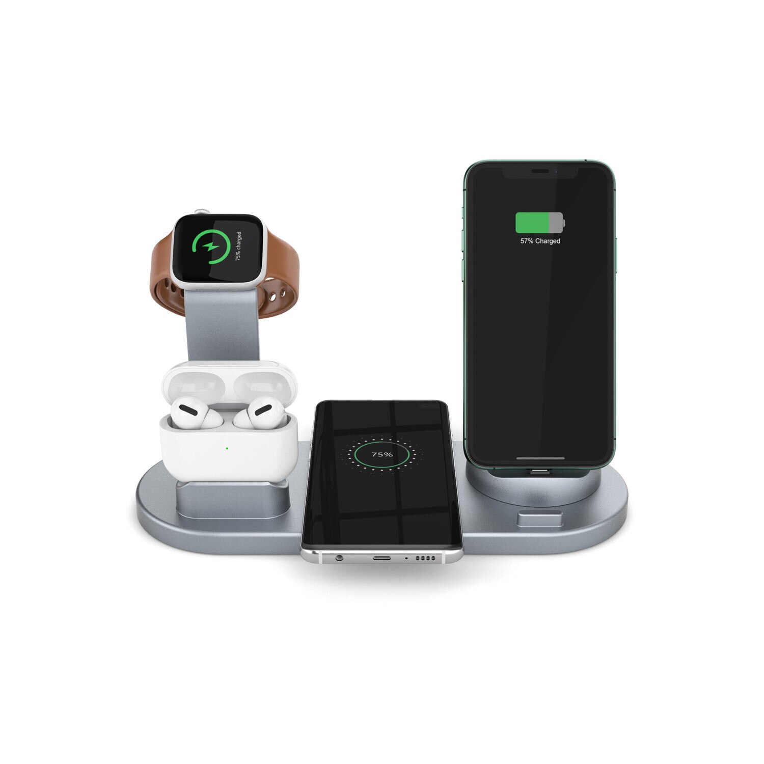 Stand de incarcare wireless, Universal, 4 in 1, Mufa Lightning CSC, Incarcare rapida, 10W, Gri