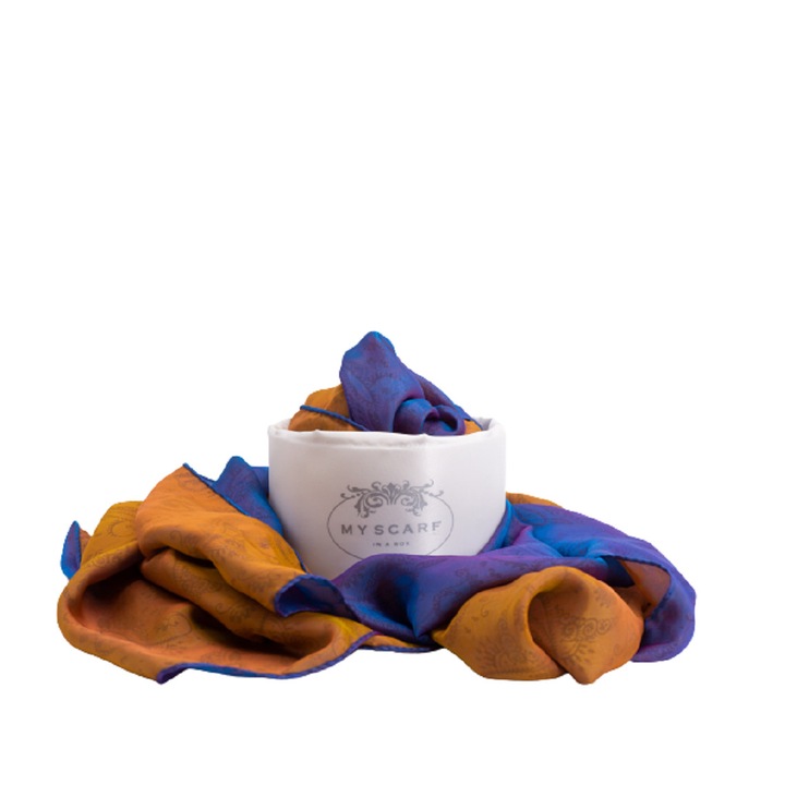 Esarfa de lux Kaleidos Collection, Sorrento, Unisex, Dubla fata, Indigo/Mustar, 185 cm x 65 cm