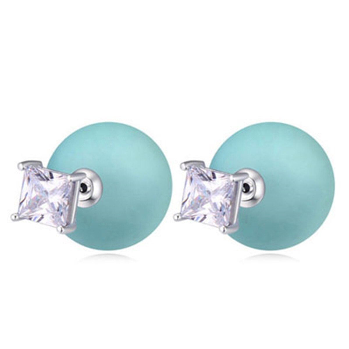 Cercei ZZV cu stras alb in forma de patrat si inchizatoare in forma de perla bleu