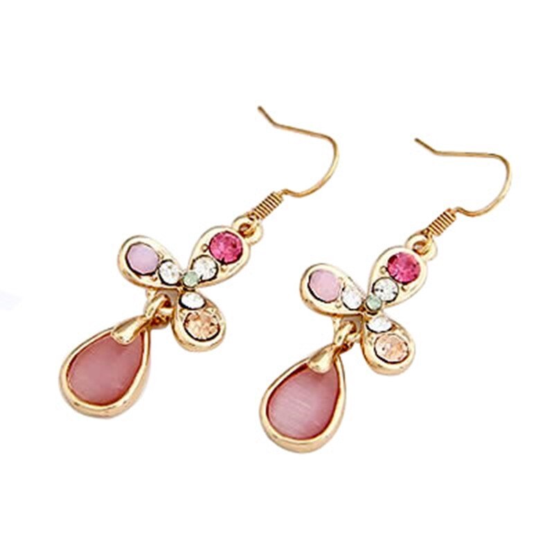 Cercei ZZV aurii din sticla de opal roz in forma de trifoi