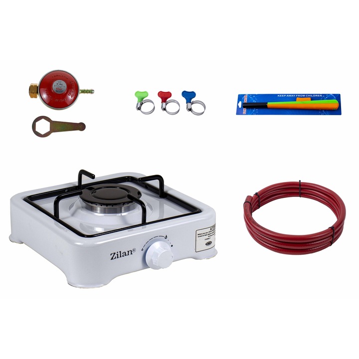 Pachet Aragaz 1 ochi , 27 x 27cm , Ceas pentru butelie , 2m furtun pentru gaz, 3 x coliere pentru furtun , aprinzator , Alb / ZLN 0018W_A