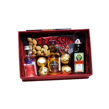 Pachet cadou Happy, cutie rosie eleganta cu selectie de bauturi alcoolice miniatura, praline si alune picante Pachet cadou Happy, cutie rosie eleganta cu selectie de bauturi alcoolice miniatura, praline si alune picante