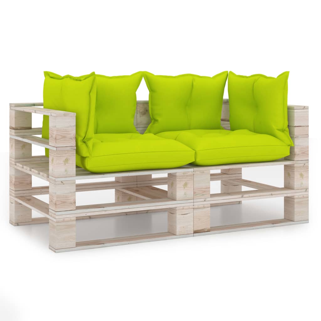 Canapea de gradina din paleti cu 2 locuri cu perne vidaXL, Lemn, 70 x 67.5 x 62 cm, Verde deschis