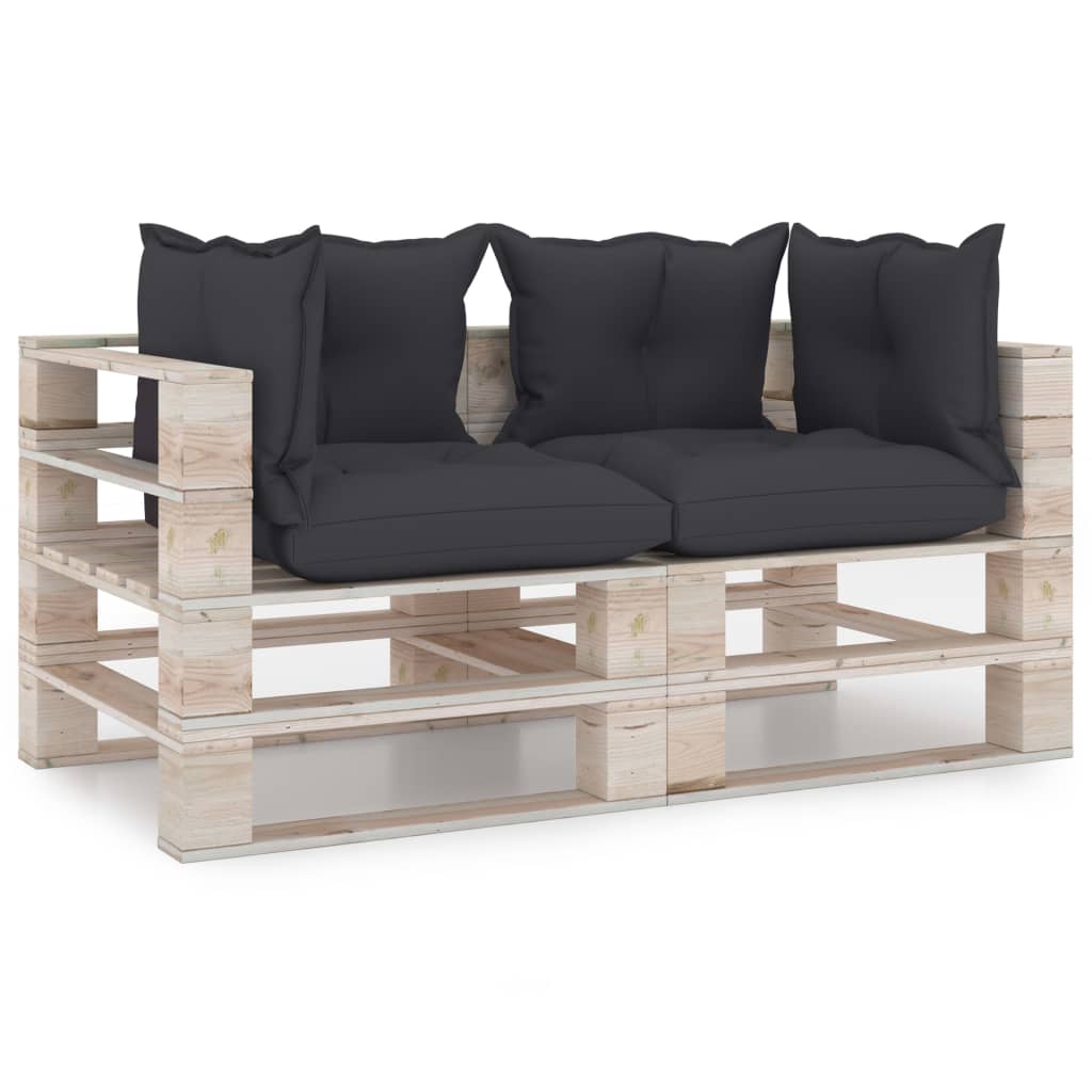 Canapea de gradina din paleti cu 2 locuri cu perne vidaXL, Lemn, 70 x 67.5 x 62 cm, Antracit