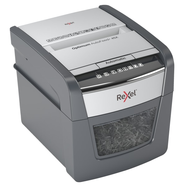Distrugator documente automat REXEL OPTIMUM 45X, P4, cross-cut (confeti), 45 coli, cos 20l, negru-gri