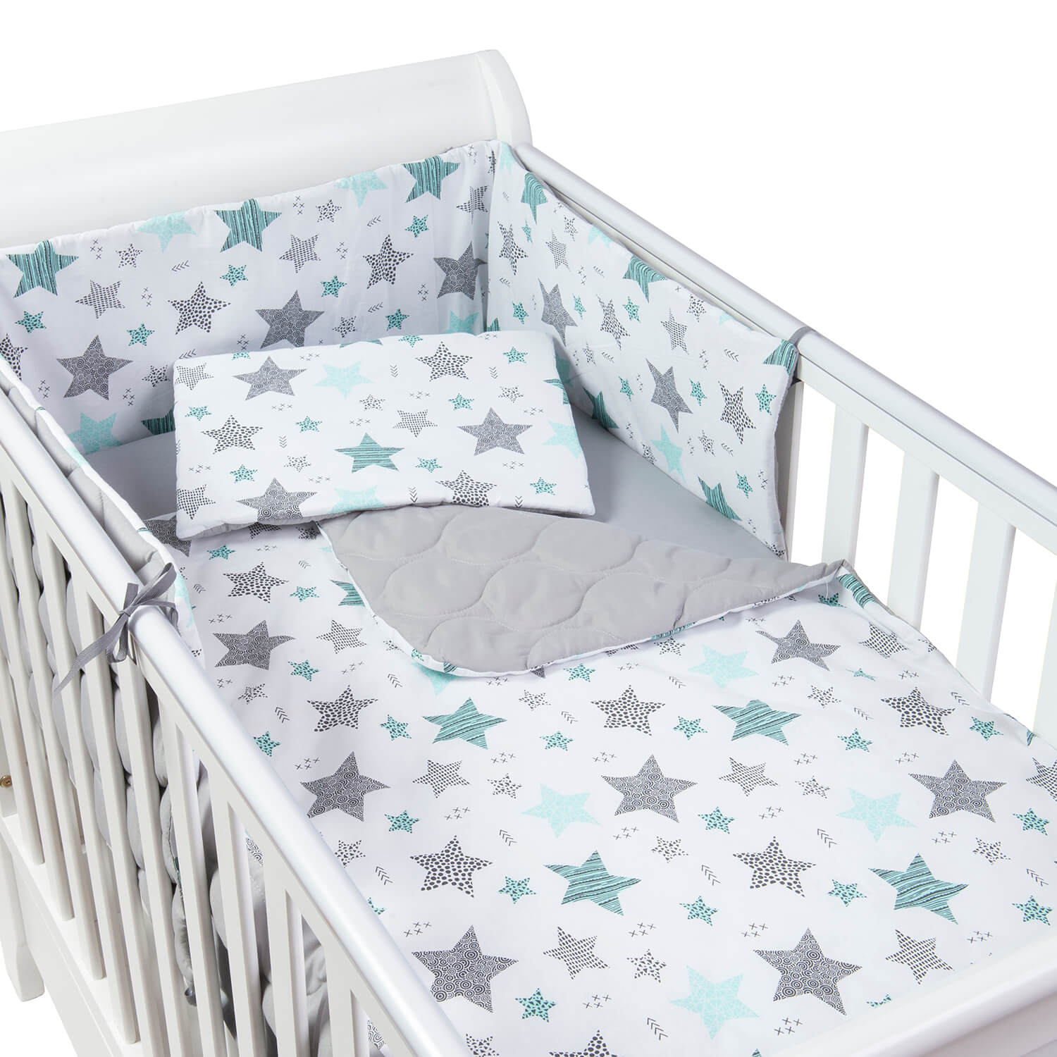 Set lenjerie matlasata 4 piese Kidizi All Mint Stars, include perna, plapumioara, aparatoare si cearceaf