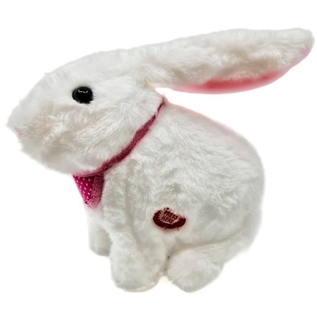 Iepuras interactiv din plus, topaie, isi misca boticul si urechile, lumineaza, canta in limba romana, alb, 24 cm, baterii incluse