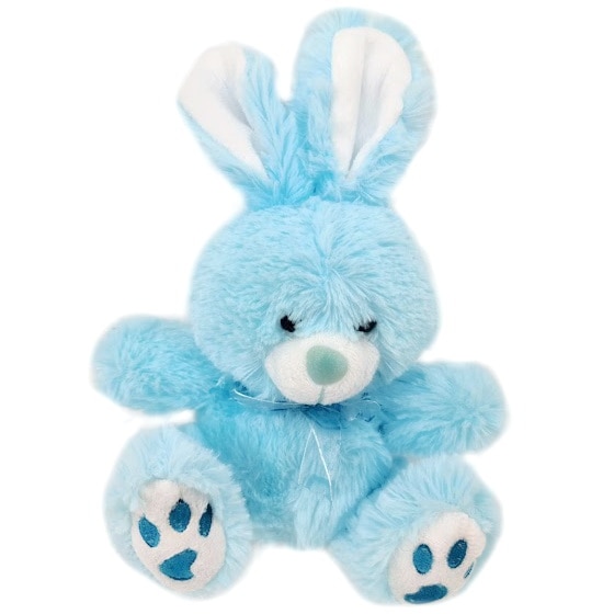 Iepure pufos cu broderie pe labute si fundita din organza,albastru, 22 cm