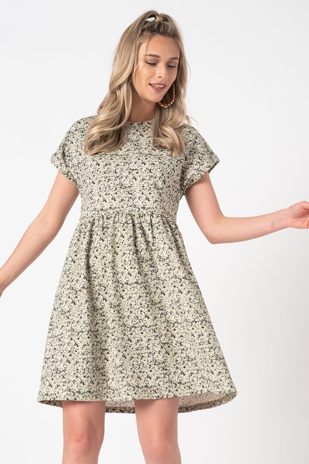 ICHI, Rochie evazata cu imprimeu Kate, bej, verde sparanghel