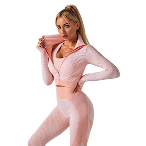 RRI EFAYN RO női cellulitellenes alakformáló fitnesz ruha, 3 részes, leggings, sportmelltartó, hosszú ujjú cipzáros felső, rózsaszín, L méret