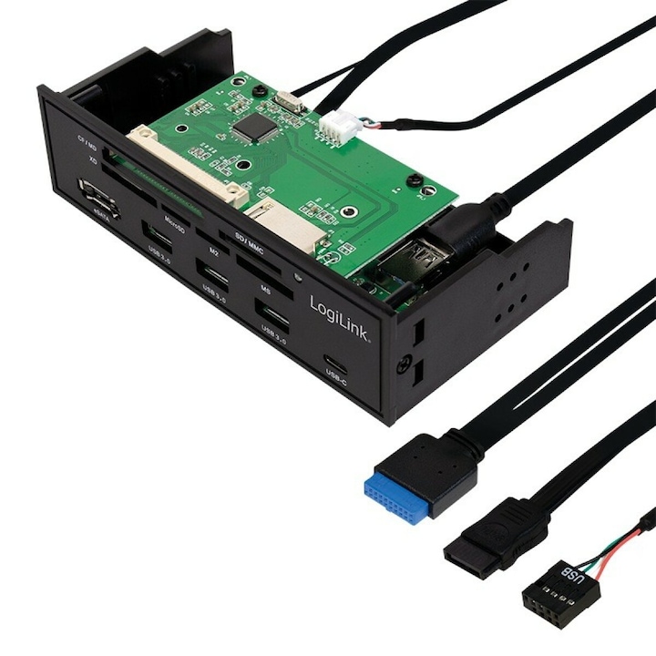 Вътрешен HUB USB LOGILINK, USB 3.0, Type C, USB 2.0, S-ATA, SD, MicroSD, M2, MS, XD, CF, eSATA, Черен