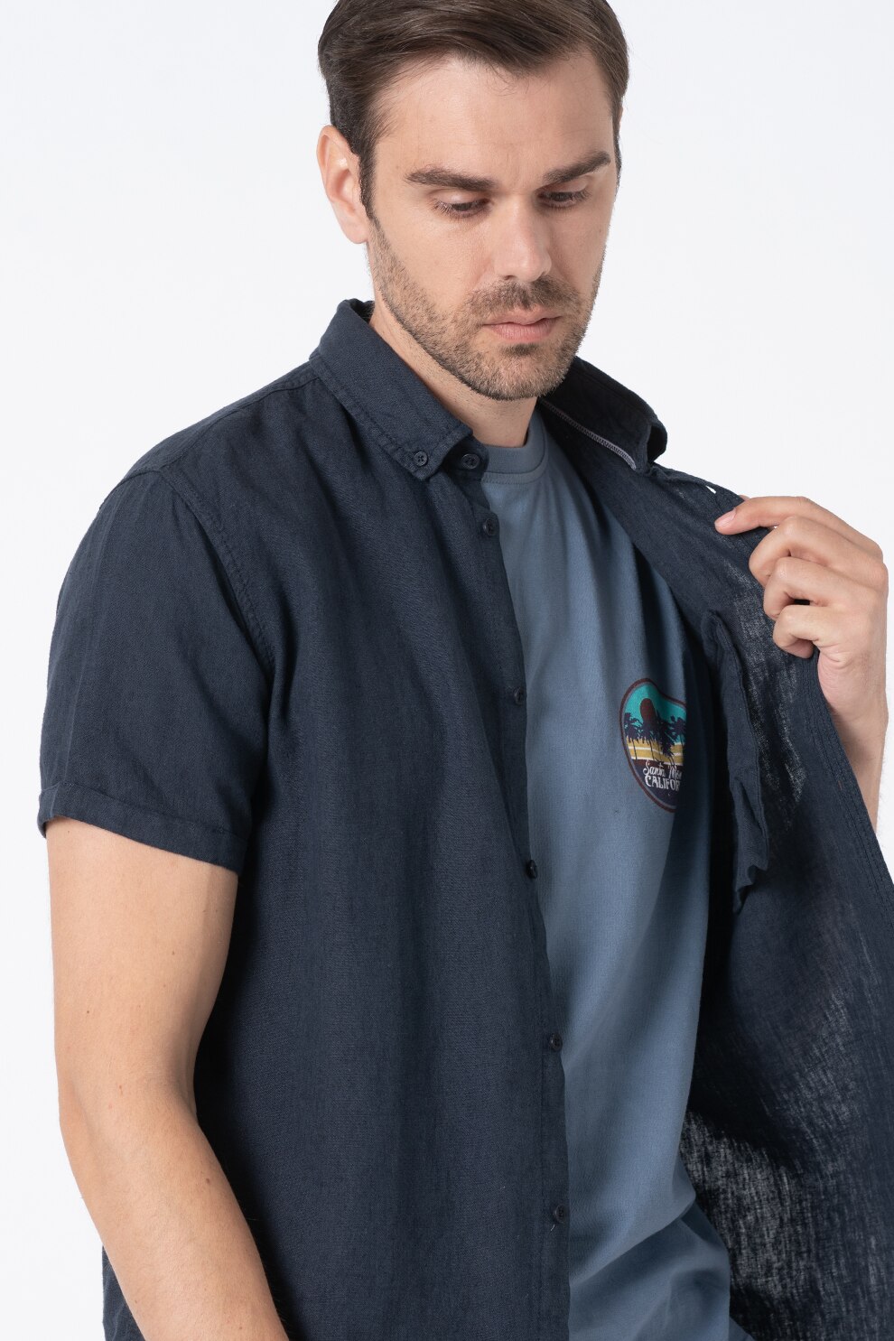 !Solid, Camasa din amestec de in cu maneci scurte Reginald, Bleumarin, S