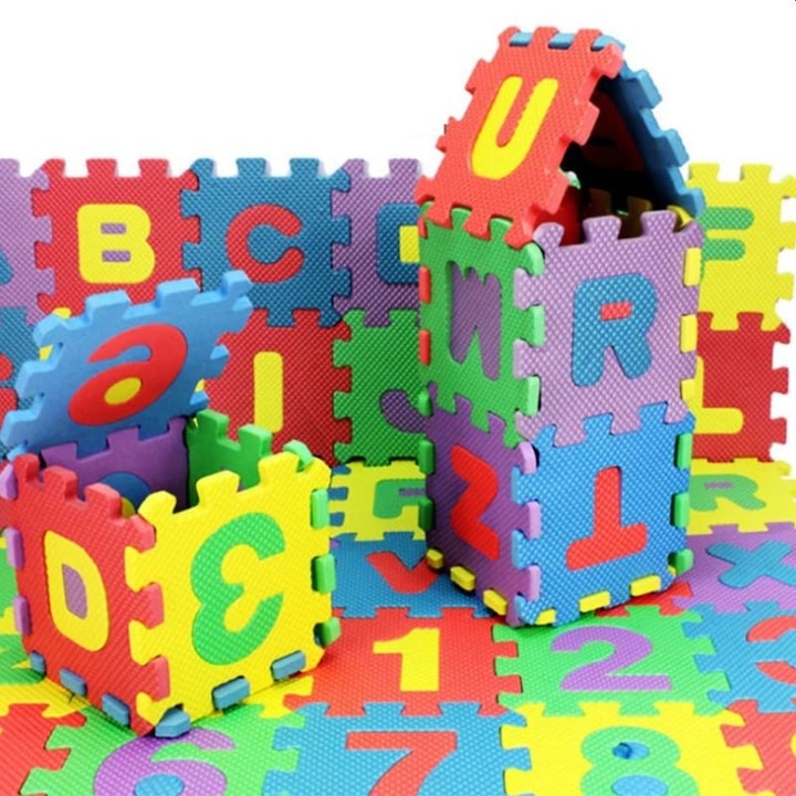 Детски килим Пъзел PROCART, 36 парчета мека пяна, букви и цифри, многоцветен