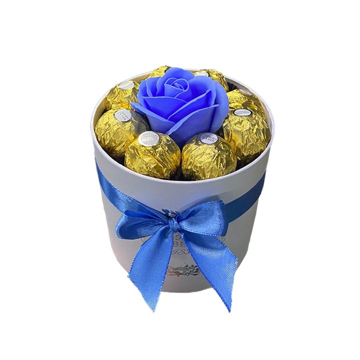 Cutie cadou pentru femei alba Sweet Flower cu trandafir de sapun si praline Ferrero Rocher, turquoise