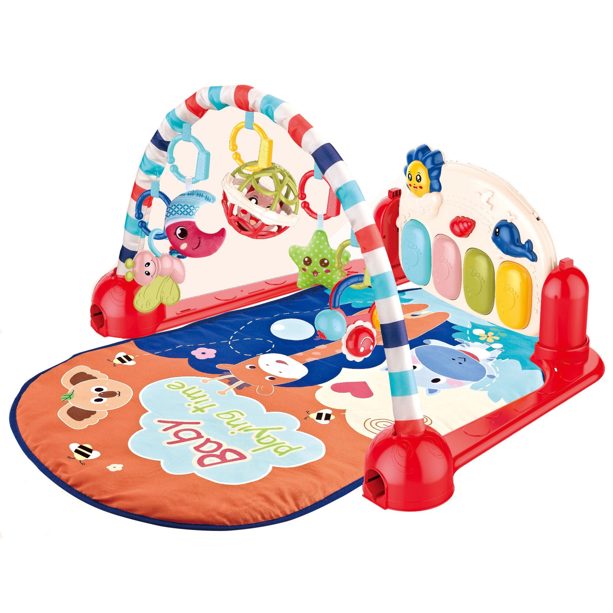 Salteluta interactiva M-Toys, cu pian si arcada cu jucarii, Rosu