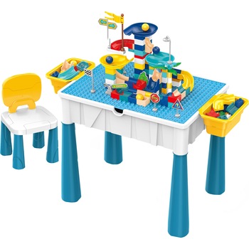 Set masuta multifunctionala M-Toys cu 125 cuburi de constructie