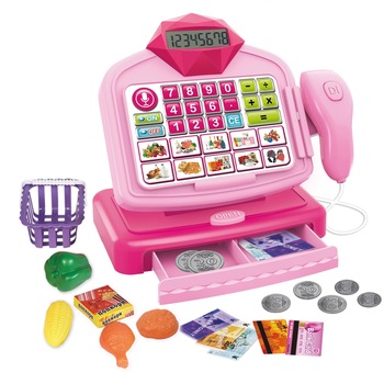 Casa de marcat pentru copii, Mappy, 16 accesorii, cu lumini si sunete, Roz Casa de marcat pentru copii, Mappy, 16 accesorii, cu lumini si sunete, Roz