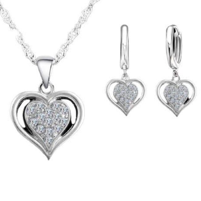 Set argint 925, CRM, lantisor cu pandantiv si cercei, inima in inima
