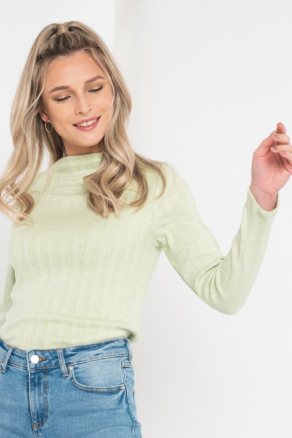 b.young, Pulover tricotat fin cu aspect striat Ralaya, Verde pal