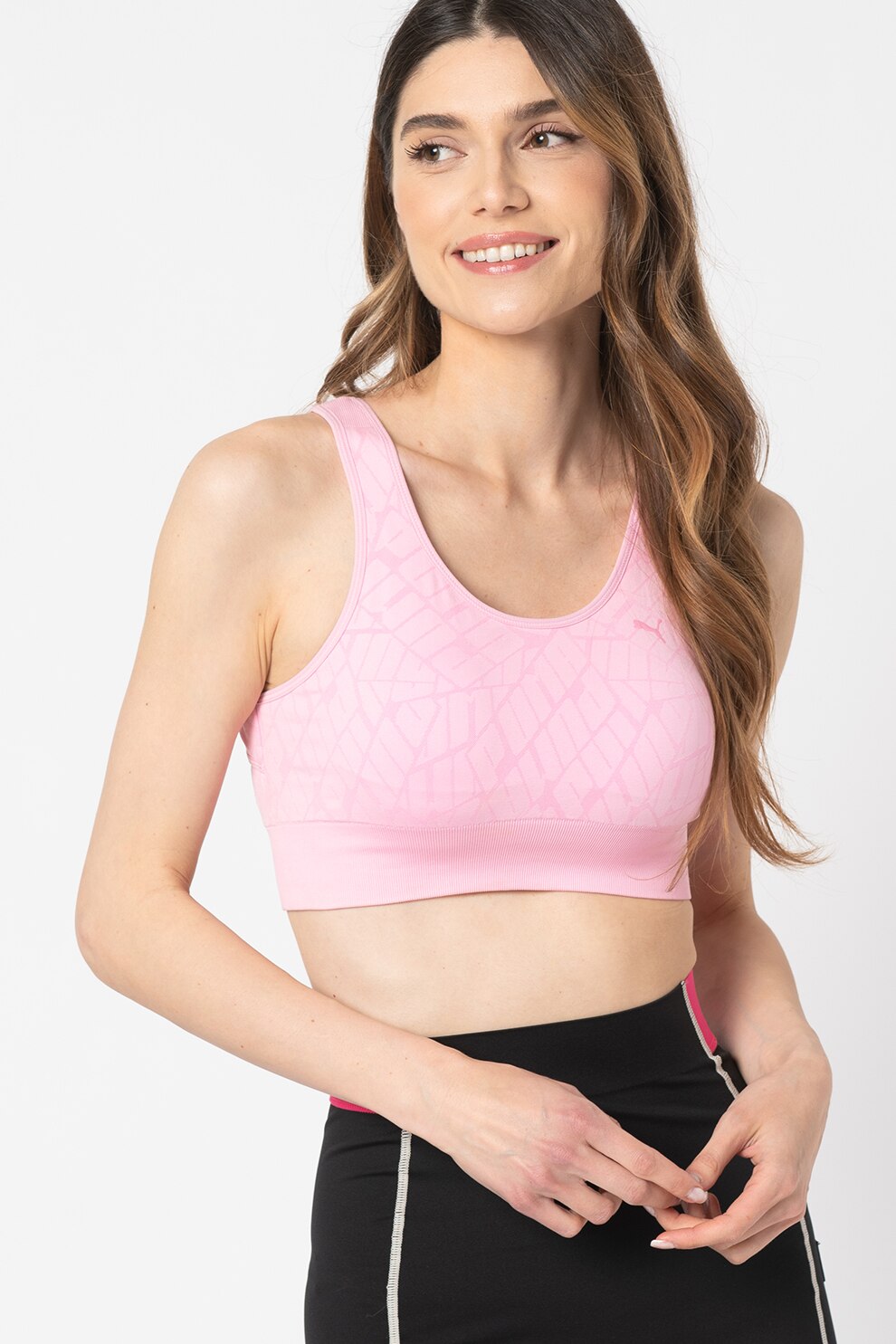 Puma, Bustiera fara cusaturi cu logo, pentru fitness, Roz, XS