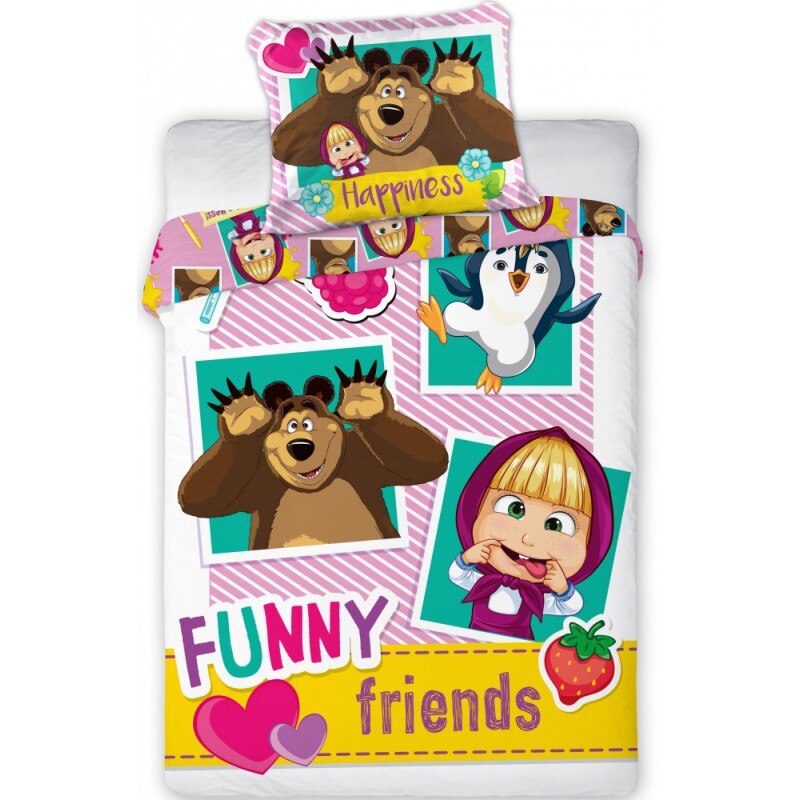 Set lenjerie de pat pentru copii, Masha And The Bear Funny Friends, Husa pilota 100x135 cm, Husa perna 40x60 cm, Bumbac 100%, Multicolor