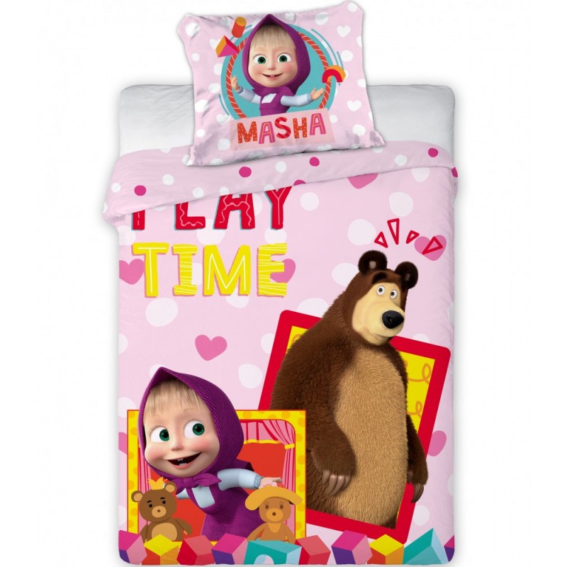 Set lenjerie de pat pentru copii, Masha And The Bear Play Time, Husa pilota 100x135 cm, Husa perna 40x60 cm, Bumbac 100%, Multicolor