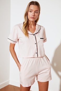 Trendyol, Pijama de bumbac cu vipusca contrastanta, Roz pal Trendyol, Pijama de bumbac cu vipusca contrastanta, Roz pal