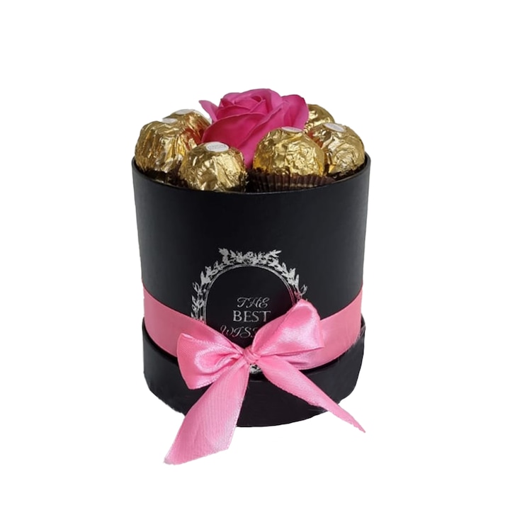 Black Sweet Flower női díszdoboz szappanrózsával és Ferrero Rocher pralinéval, rózsaszín