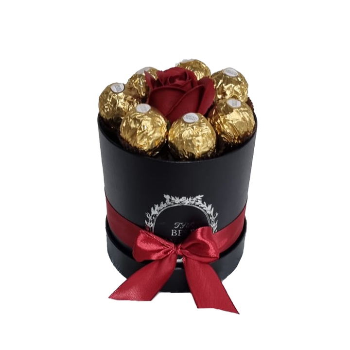 Cutie cadou pentru femei neagra Sweet Flower cu trandafir de sapun si praline Ferrero Rocher, rosu